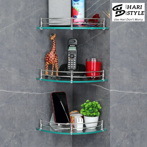 Glass corner shelves with shiny brackets